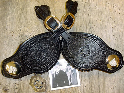 Old West Leather Cuffs - cowboy cuffs - holsters - gun belts in authentic Cowboy hero patterns - Spear point bowie knife with knife sheath shown