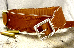 custom gunbelts Old West Leather knife sheaths - holsters - gun belts in authentic Cowboy hero patterns - Spear point bowie knife with knife sheath shown