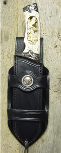 Old West Leather knife sheaths - holsters - gun belts in authentic Cowboy hero patterns - Spear point bowie knife with knife sheath shown