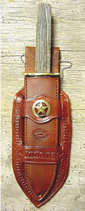 Old West Leather knife sheaths - holsters - gun belts in authentic Cowboy hero patterns - Spear point bowie knife with knife sheath shown
