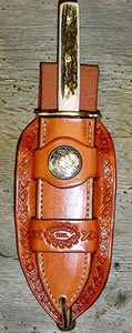 Old West Leather knife sheaths - holsters - gun belts in authentic Cowboy hero patterns - Spear point bowie knife with knife sheath shown
