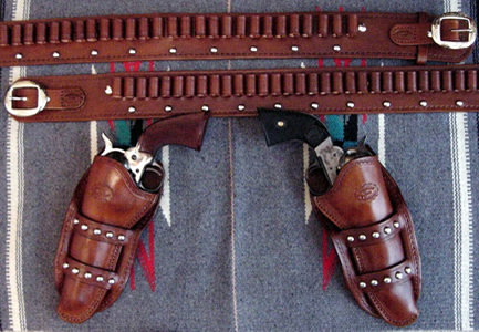 Old West Leather Cuffs - cowboy cuffs - holsters - gun belts in authentic Cowboy hero patterns - Spear point bowie knife with knife sheath shown